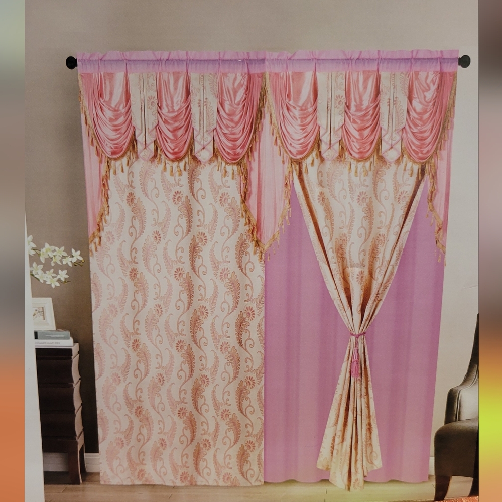 Luxurious Pink and Beige Jacquard Panels With attached valance. 2 Pieces 53"×90"